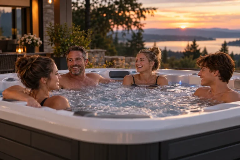 Couples using a hot tub as the sun sets behind them